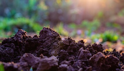 Close up of rich dark soil in a garden with soft golden sunlight illuminating the texture and out of focus green foliage background
