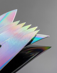Abstract Rainbow Iridescent Sharp Jagged Edges Reflecting Light on a Smooth Gray Background Creating a Futuristic Geometric Design