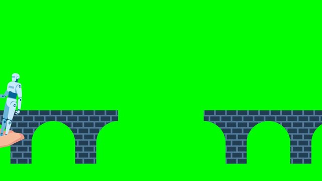 Man holding on hand two robots shaking hands. Robots shake hands on background of a bridge. Collaboration, partnership, relationship between artificial intelligence. 2d flat animation. Alpha channel