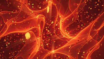 Vibrant Orange and Red Swirling Energy with Floating Colorful Particles and Glowing Streaks Illuminated by Soft Light