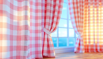 Softly Lit Room With Pink Gingham Curtains Partially Open Revealing A Bright Blue Sky And Ocean Vista Outside A Classic Window
