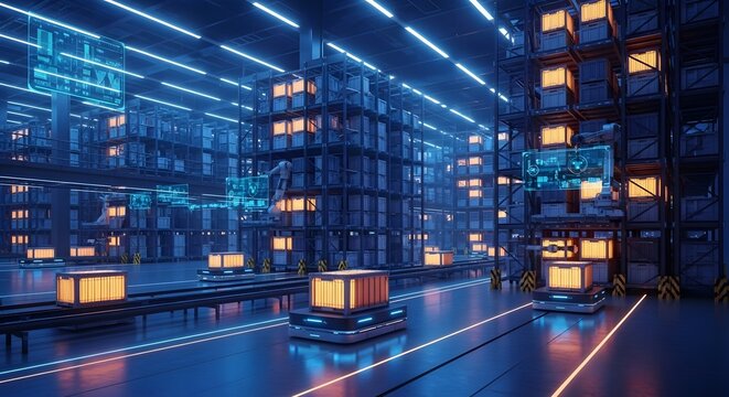 Automated warehouse interior with robotic transport system - Powered by Adobe