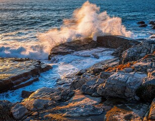 Ocean waves crash against sunlit rocky shore at sunset with golden light illuminating the water and coastline