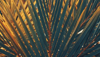 Close up of a tropical palm frond with golden light filtering through its dark green spiky leaves creating a warm and inviting atmosphere