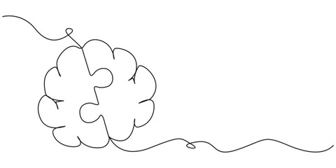 Single one line drawing of human brain forming from piece of puzzles logo identity. Head anatomy and smart psychological people concept. Modern continuous line draw design graphic vector illustration