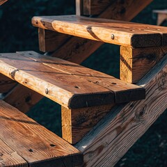 Close Up Of Wet Wooden Staircase With Sunlight Reflecting Off The Damp Surface Outdoors
