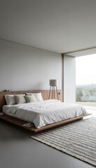 Serene Bedroom with White Textured Bedding and Natural Wood Platform in Soft Daylight with Large Window View of Green Landscape