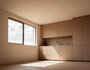 Modern Scandinavian Kitchen Interior With Large Windows Flooded With Natural Sunlight Creating Warm Ambiance And Shadow Play