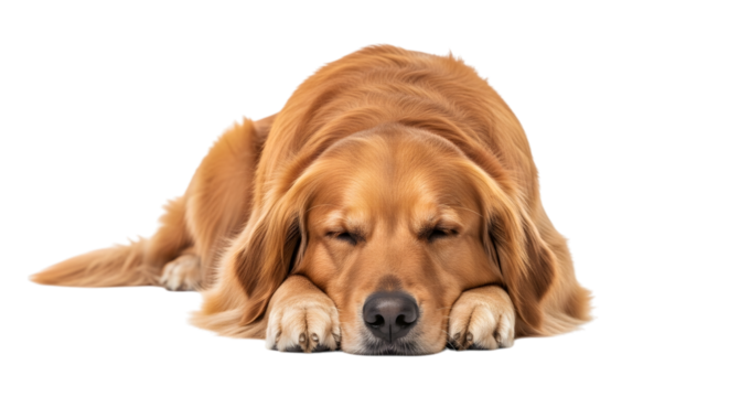Golden Retriever dog sleeping peacefully with paws tucked under head isolated on a transparent background