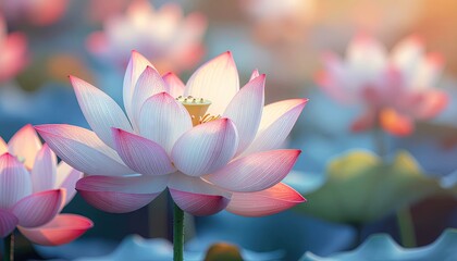 Close up of pink and white lotus flowers blooming in a tranquil pond with soft golden sunlight illuminating the petals and water droplets
