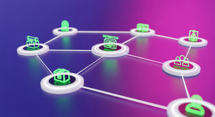 Abstract digital illustration of connected nodes with green icons, representing network or communication, perfect for business or technology concepts