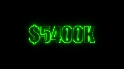Green neon $5400K number for finance and success themed animated.Perfect for financial video animation on backgrounds, digital currency, or futuristic money themes.