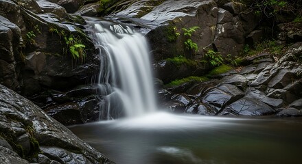 Beautiful waterfall cascading over rocks into natural pool in lush forest