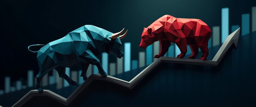 Polygonal bull versus bear standing on ascending graph symbolising stock market trends financial investments economic growth analysis and showing market volatility