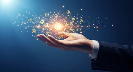 Hand holding a glowing network of person icons connected by lines on a blue gradient background, representing connection, technology, and business concept