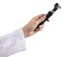 Doctor with otoscope on white background, closeup