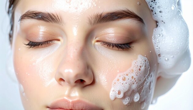Cleansing Face With Soap Foam and Water Drops