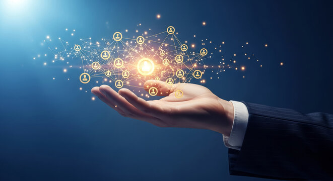 Hand holding a glowing network of person icons connected by lines on a blue gradient background, representing connection, technology, and business concept - Powered by Adobe