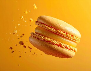 Floating Macaron with Yellow Cream Filling and Crumbly Texture on a Vibrant Orange Background