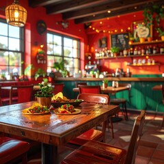 Vibrant Mexican Restaurant Interior Scene Featuring Wooden Table with Food and Drinks