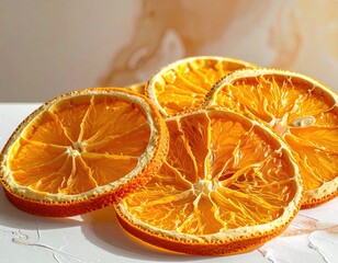 Close Up Shot of Dried Orange Slices on White Surface with Sunlit Background