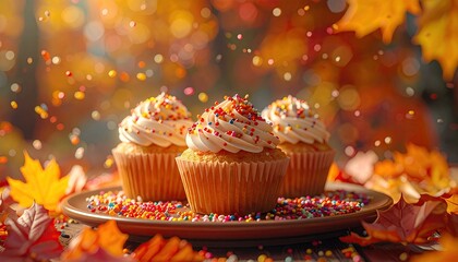 Three Cupcakes with White Frosting and Colorful Sprinkles on a Brown Plate Surrounded by Autumn Leaves