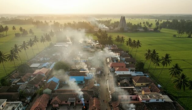 South Indian Village Sunrise Drone Shot During Pongal Festival With Kolam Courtyards, Paddy Fields, Coconut Trees, Stove Smoke, and Temple Gopuram