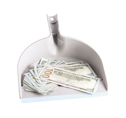 Dustpan with dollar banknotes isolated on white