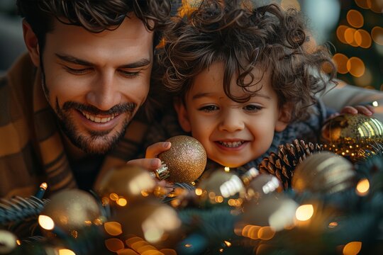 Joyful father and son decorating a Christmas tree together with ornaments and lights during a festive season at home