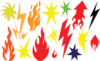 Collection of colorful graphic elements lightning flames stars and arrows.