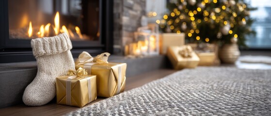 Wrapped presents in various sizes and colors are arranged near a beautifully decorated tree, capturing the spirit of celebration