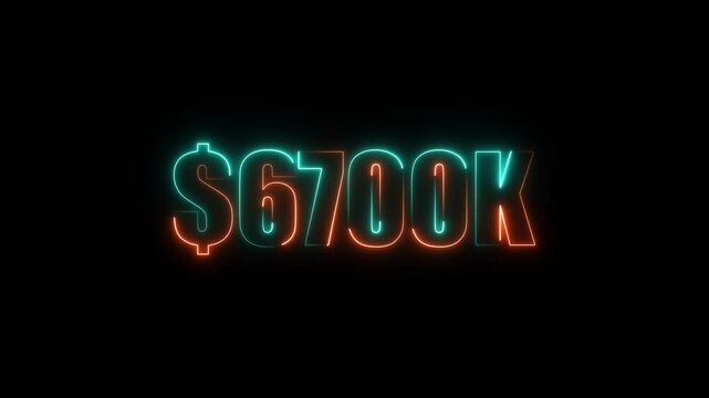 Neon $6700K number for finance and success themed animated.Perfect for financial video animation on backgrounds, digital currency, or futuristic money themes.
