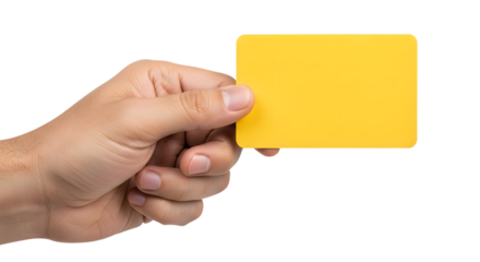 Hand holding a blank yellow rectangular card with rounded corners isolated on a transparent background