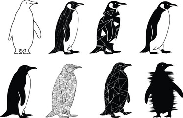 Naklejka premium Penguin vector illustration set, black silhouette and outline sketch collection, geometric style bird icons, Antarctic wildlife isolated on white background, winter animal design elements.