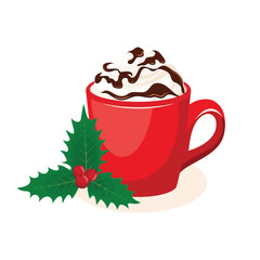 Christmas hot chocolate with whipped cream in a red mug and holly vector illustration. Hot cocoa drink and christmas decoration icon on a white background. Cup of coffee and holly drawing
