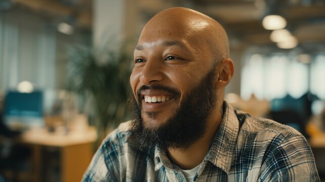 A bald biracial businessman with a beard sits relaxed in a modern office, reflecting creativity in his casual workspace. This setting highlights a harmonious blend of work and inno