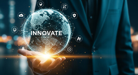 Hand holding a global network with innovation icons, representing global business, technology advancement, digital transformation and future planning