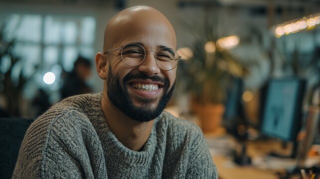 A bald man wearing a cozy sweater sits in a modern office filled with greenery and soft lighting. The environment encourages creativity and collaboration among the team. - Powered by Adobe