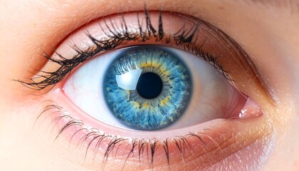 Fototapeta premium Blue eye with detailed iris and lashes shows clear vision.