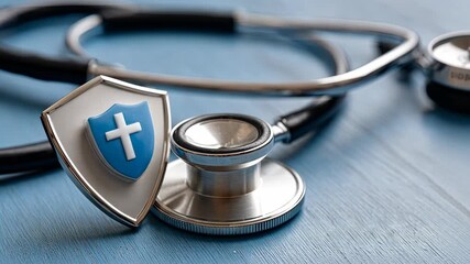 Health care symbol with stethoscope on blue surface emphasizing medical professionalism and patient care