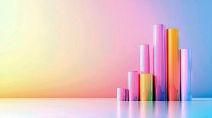 A group of colorful, reflective cylindrical objects are arranged in ascending order, resembling a bar graph, against a soft, pastel gradient background.