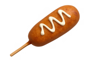 Corn dog on a stick with creamy mayonnaise sauce, savory street food snack, deep-fried fast food meal