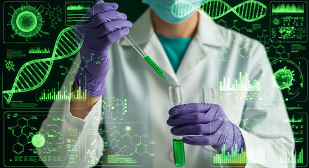 Close-up of a scientist with pipette and test tube, green liquid and molecular diagrams. Represents scientific research and healthcare concepts