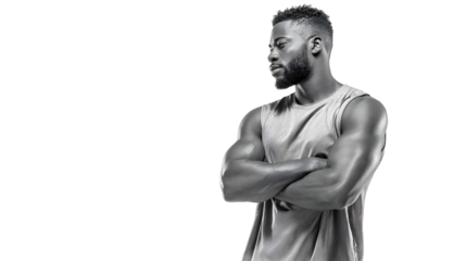 Fit male model in athletic jersey posed against white background