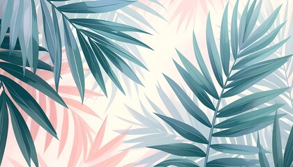 A serene tropical scene features overlapping palm fronds in shades of teal, pink, & white