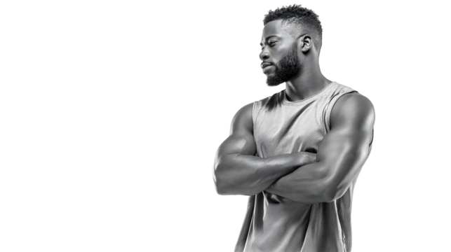 Fit male model in athletic jersey posed against white background