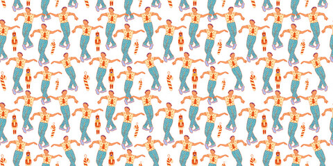 A cheerful holiday pattern. Christmas party wallpaper. Music and dancing white print. A crowd of people illustration in a vintage retro style. Silhouettes of men  in festival attire.