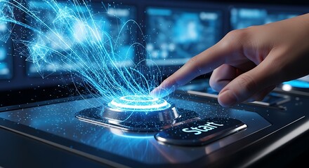 Finger touching a start button with blue light and digital data stream