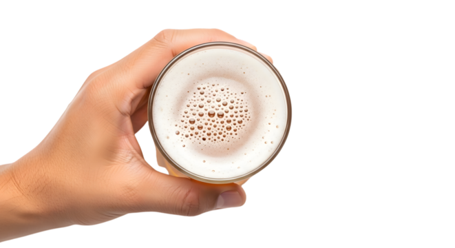 Hand holding a glass of frothy beer viewed from above isolated on a transparent background image