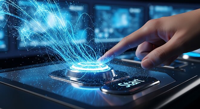 Finger touching a start button with blue light and digital data stream